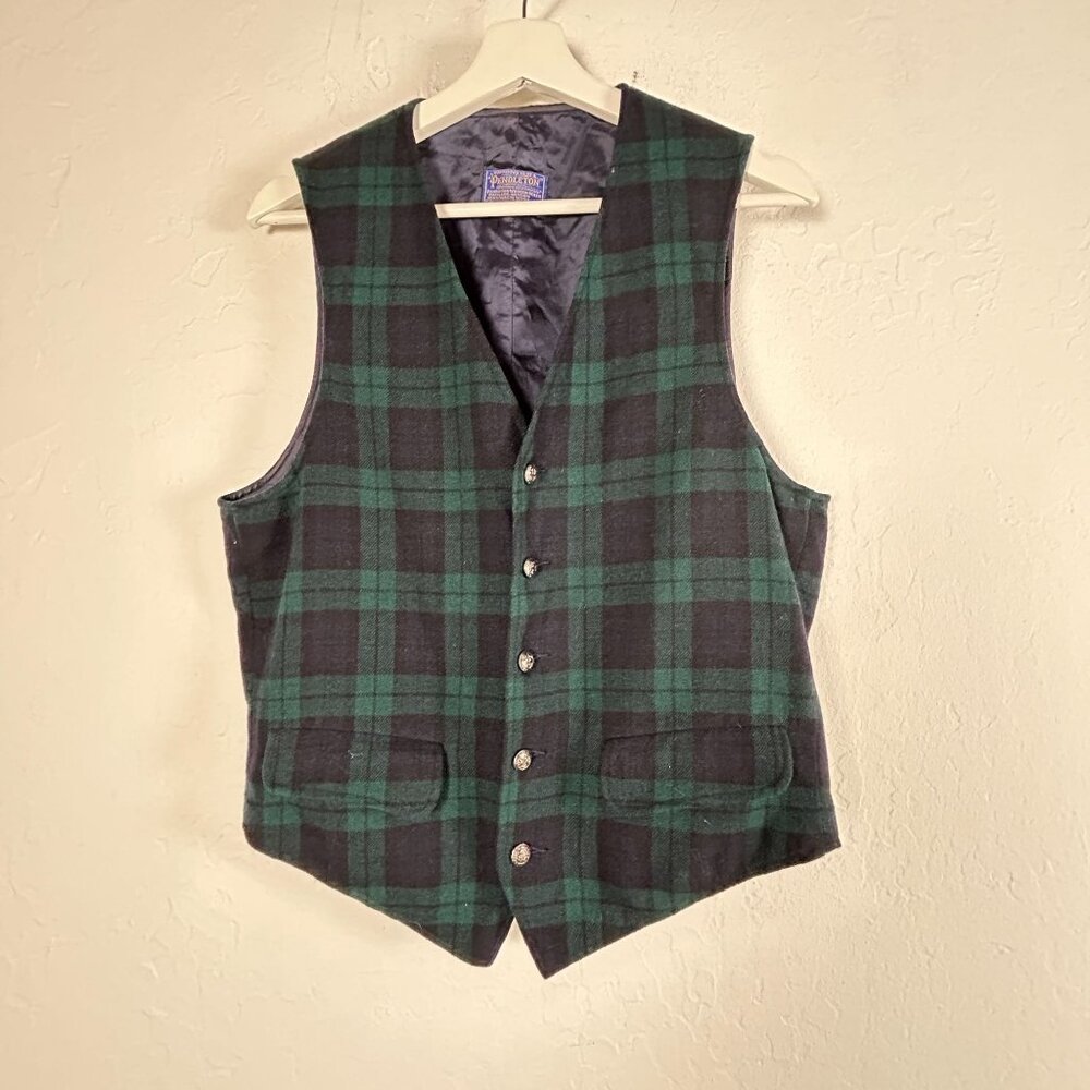 Pendleton Mens Virgin Wool Plaid Vest Green Black Button Front V-Neck Casual